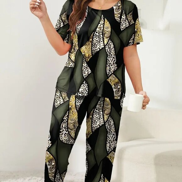 3X 4X 5X PLUS SIZE Leopard & Paisley Short Sleeve Colorblock Loungewear Set - Picture 5 of 5